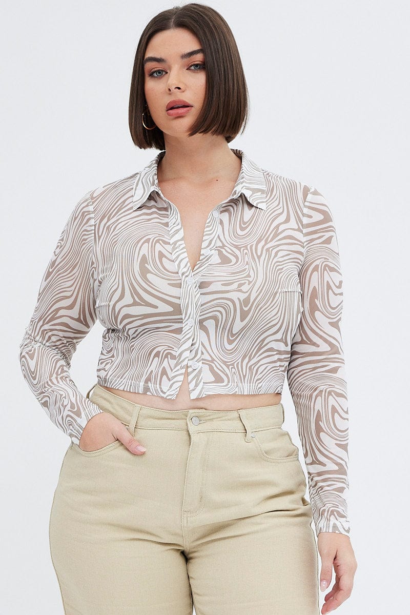 Brown Animal Print Mesh Shirt Long Sleeve - Image 4