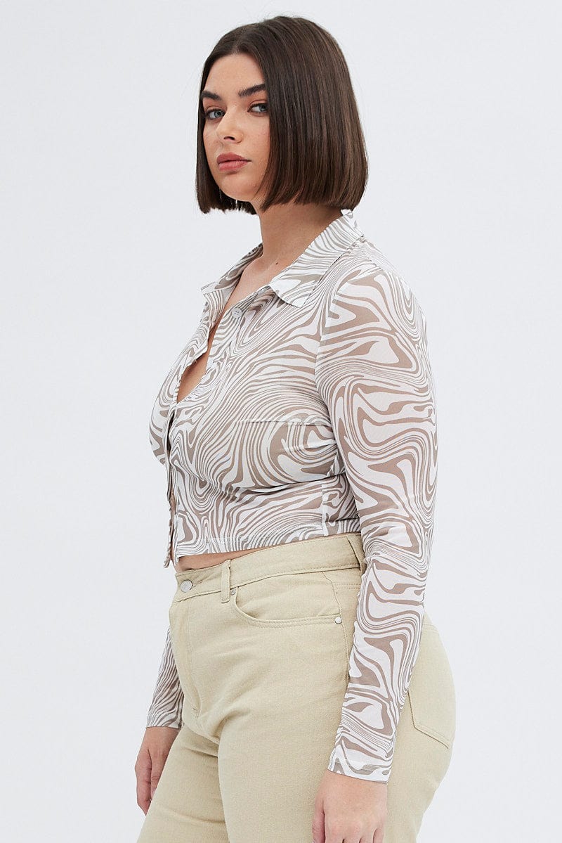 Brown Animal Print Mesh Shirt Long Sleeve - Image 5