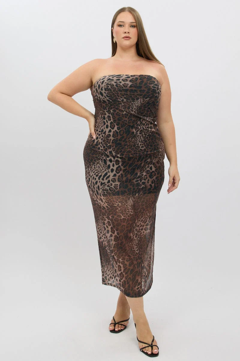 Brown Animal Print Mesh Strapless Bodycon Dress - Image 3