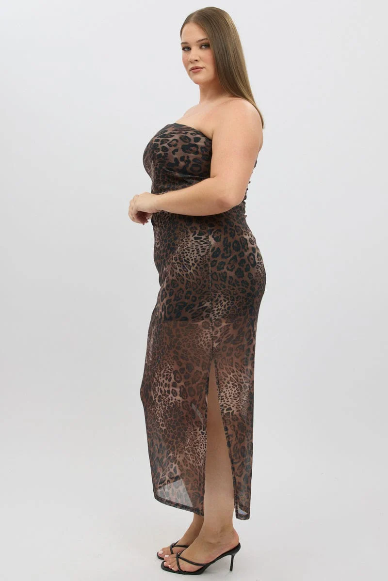 Brown Animal Print Mesh Strapless Bodycon Dress - Image 4