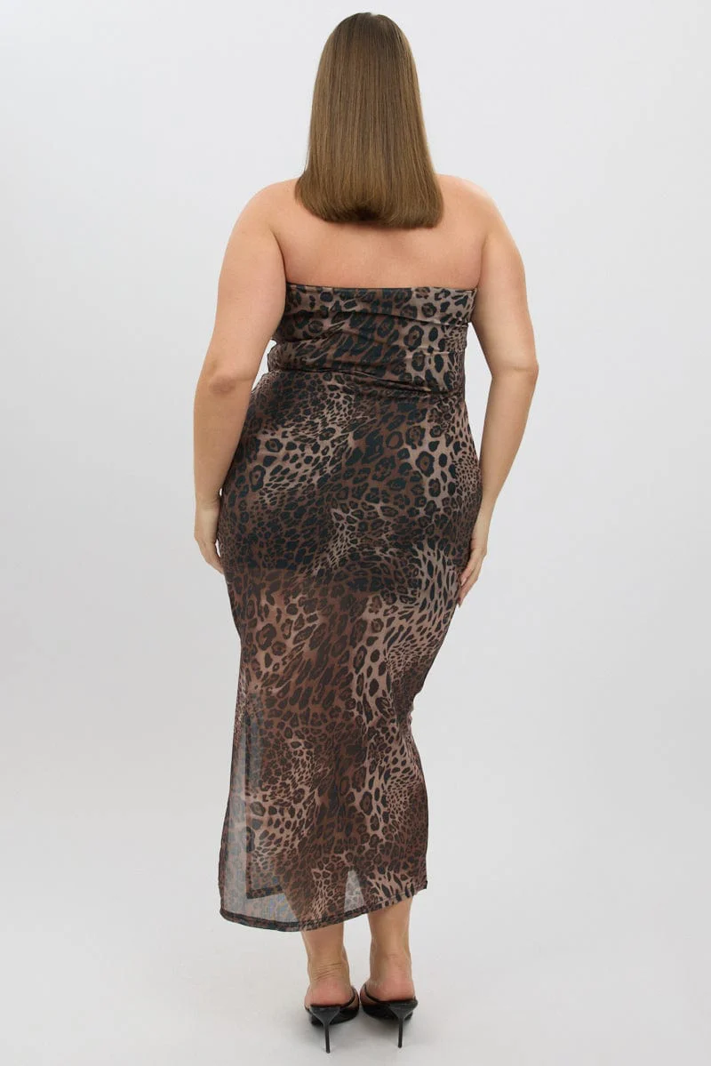 Brown Animal Print Mesh Strapless Bodycon Dress - Image 5