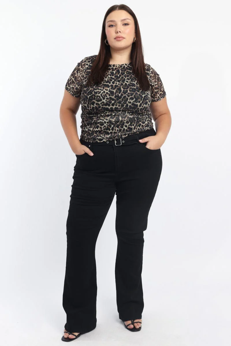 Brown Animal Print Mesh Top Short Sleeve Crew Neck - Image 3
