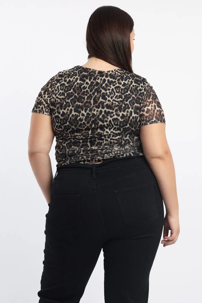 Brown Animal Print Mesh Top Short Sleeve Crew Neck - Image 5