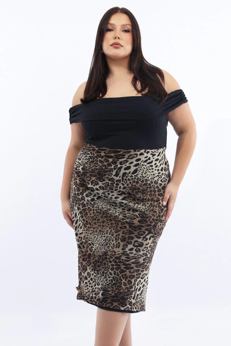 Brown Animal Print Midi Dress Off Shoulder - Image 2