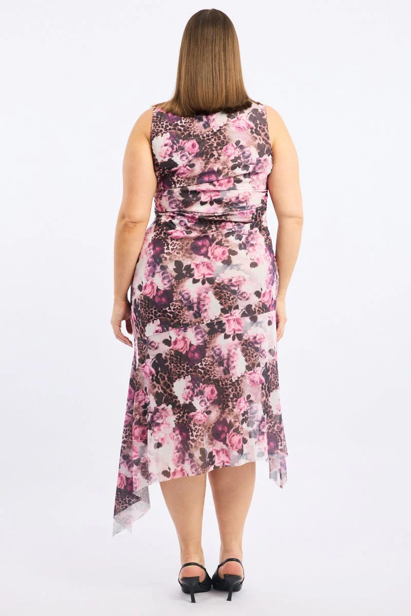 Brown Animal Print Midi Dress Sleeveless Mesh Hanky Hem - Image 4