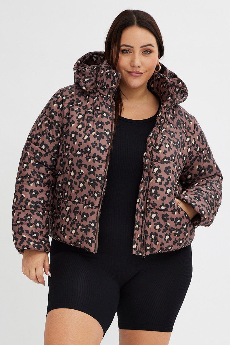 Brown Animal Print Puffer Jacket Long Sleeve Leopard - Image 2