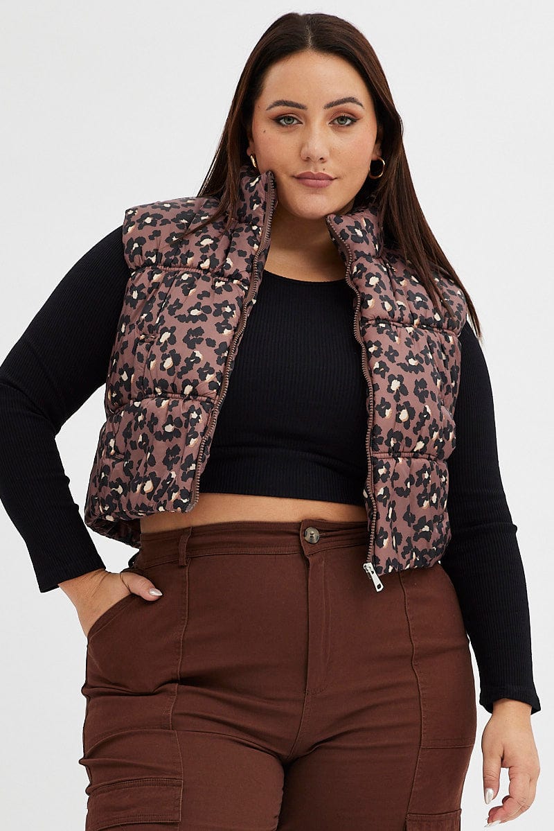 Brown Animal Print Puffer Vest Crop Sleeveless Leopard - Image 3