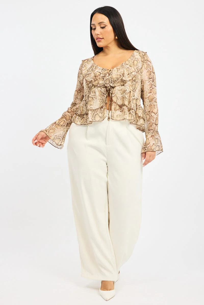 Brown Animal Print Ruffle Top Long Sleeve Tie Front - Image 3