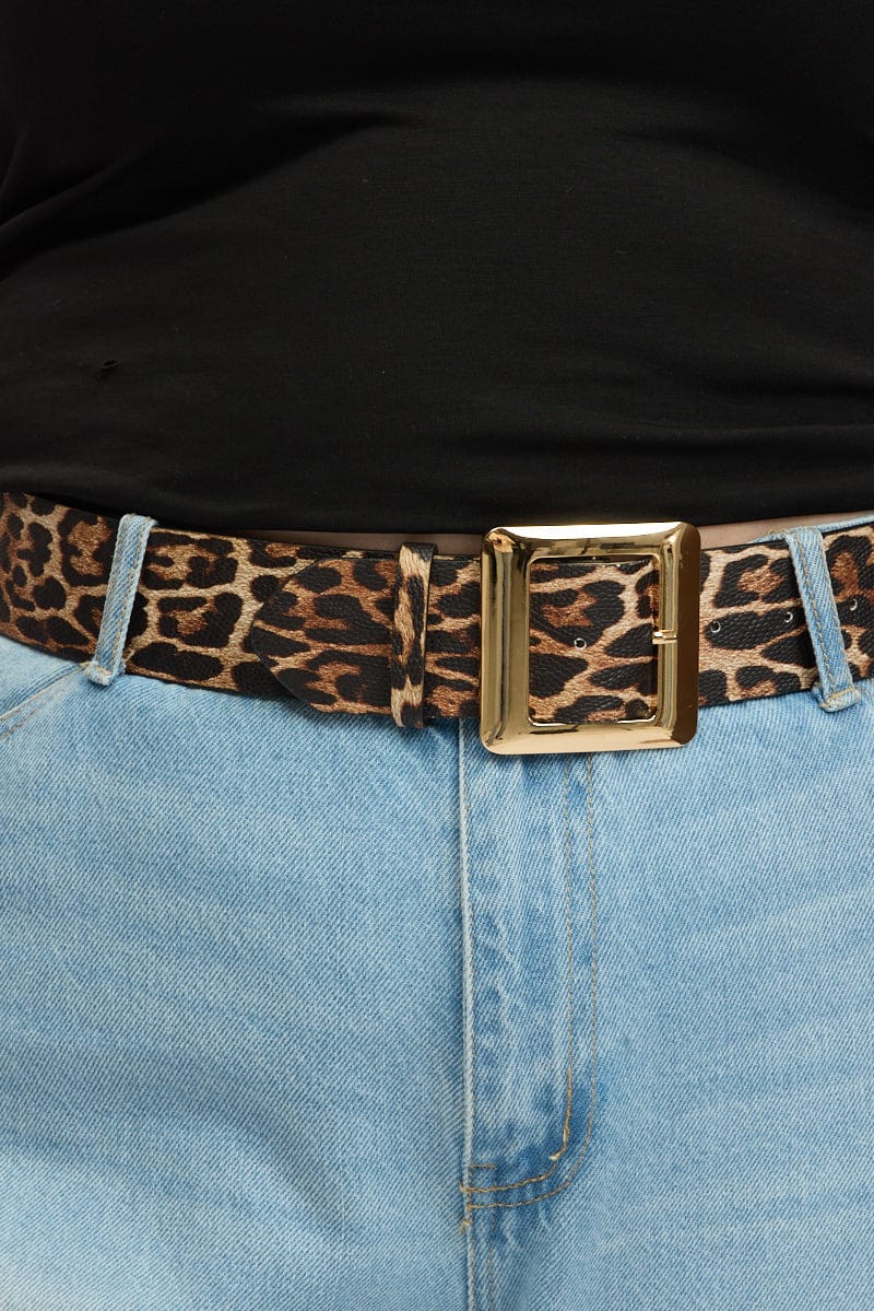 Brown Animal Print Square Buckle Waist and Hip Jeans Belt - Image 2