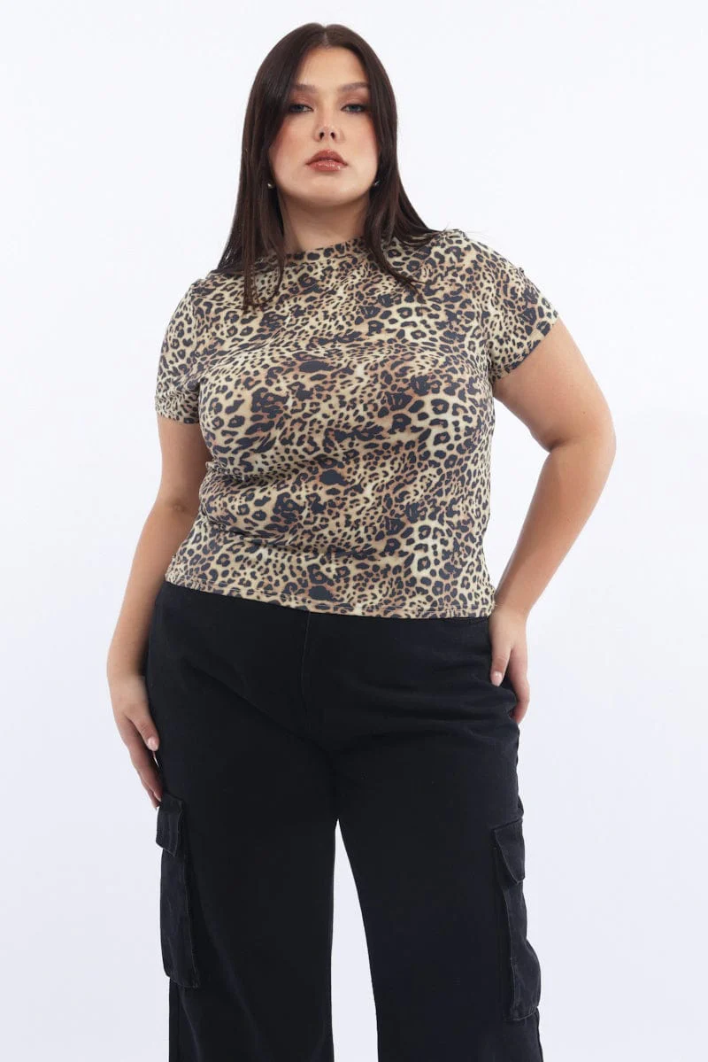 Brown Animal Print Top Short Sleeve Crew Neck Supersoft