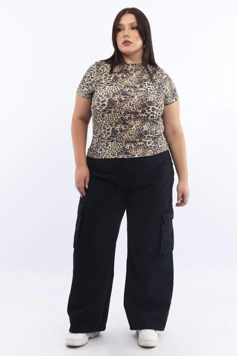 Brown Animal Print Top Short Sleeve Crew Neck Supersoft - Image 2