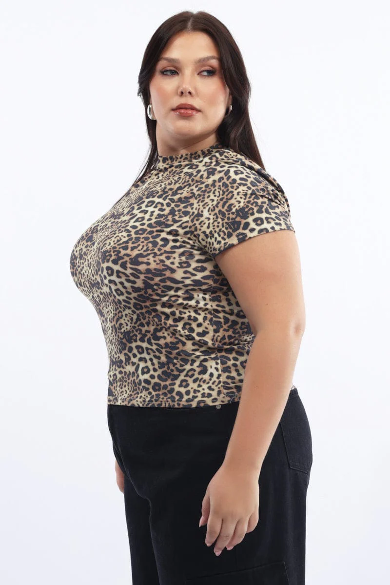 Brown Animal Print Top Short Sleeve Crew Neck Supersoft - Image 3