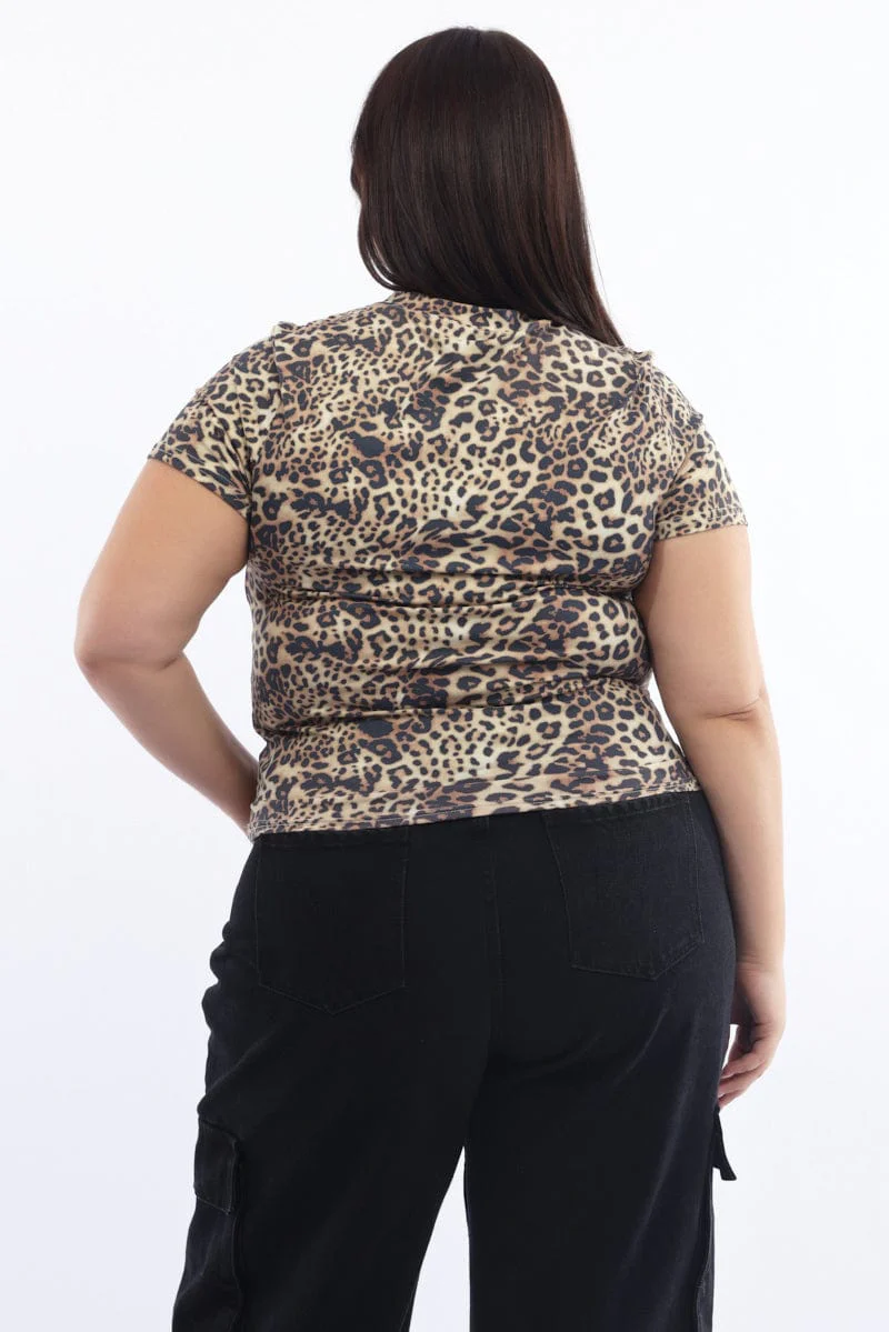 Brown Animal Print Top Short Sleeve Crew Neck Supersoft - Image 4