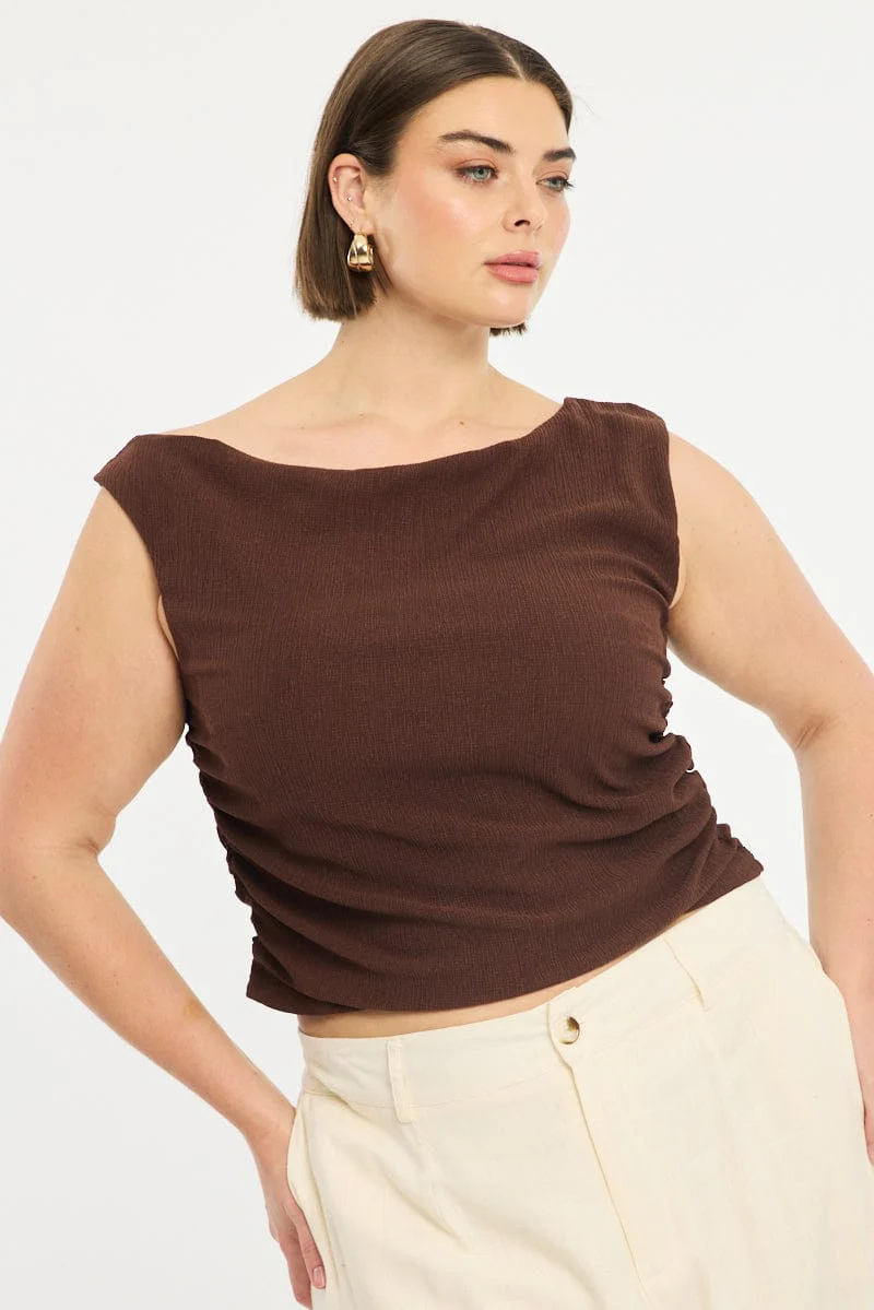 Brown Asymmetric Top Short Sleeve Textured - Image 2