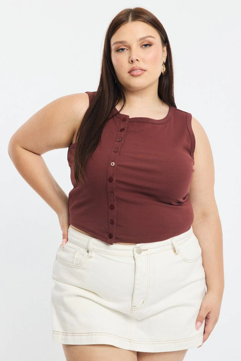 Brown Asymmetrical Button Top Sleeveless