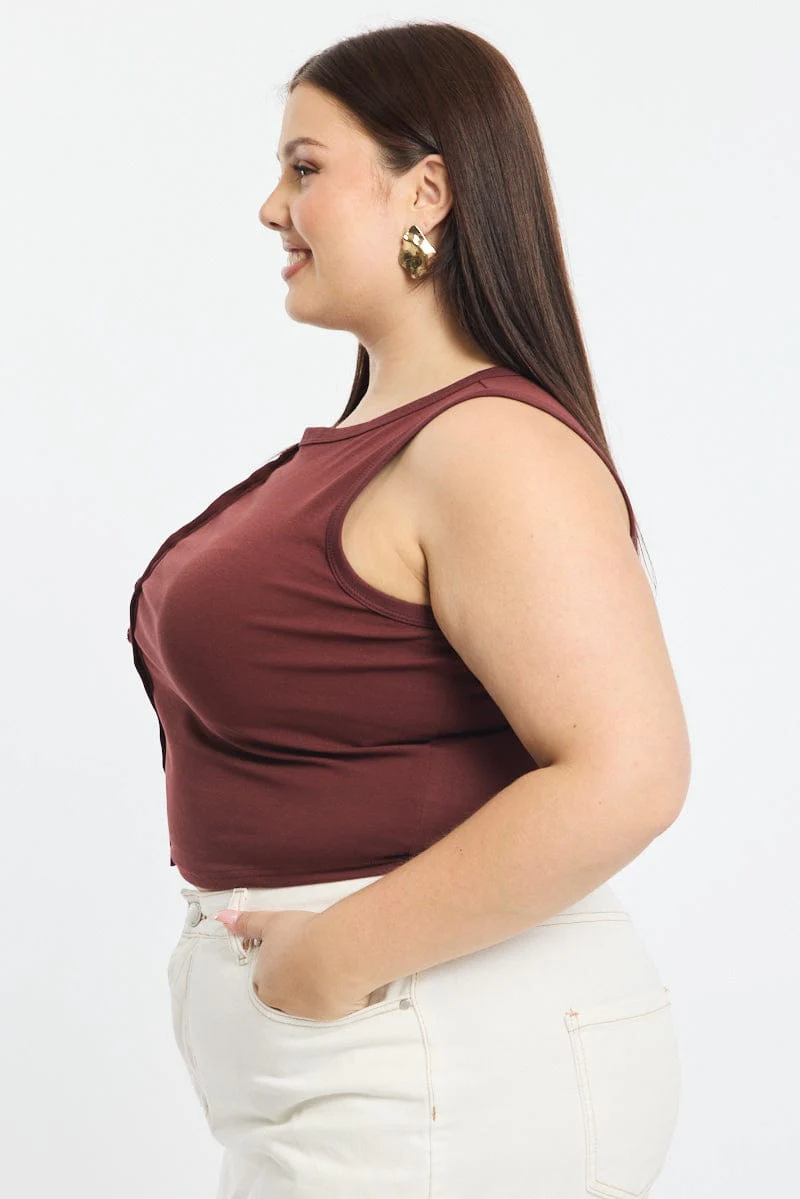 Brown Asymmetrical Button Top Sleeveless - Image 3