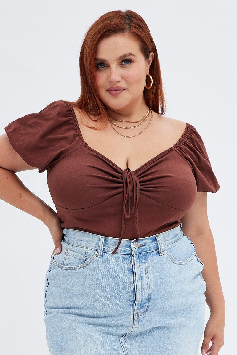 Brown Bardot Top Short Sleeve - Image 3