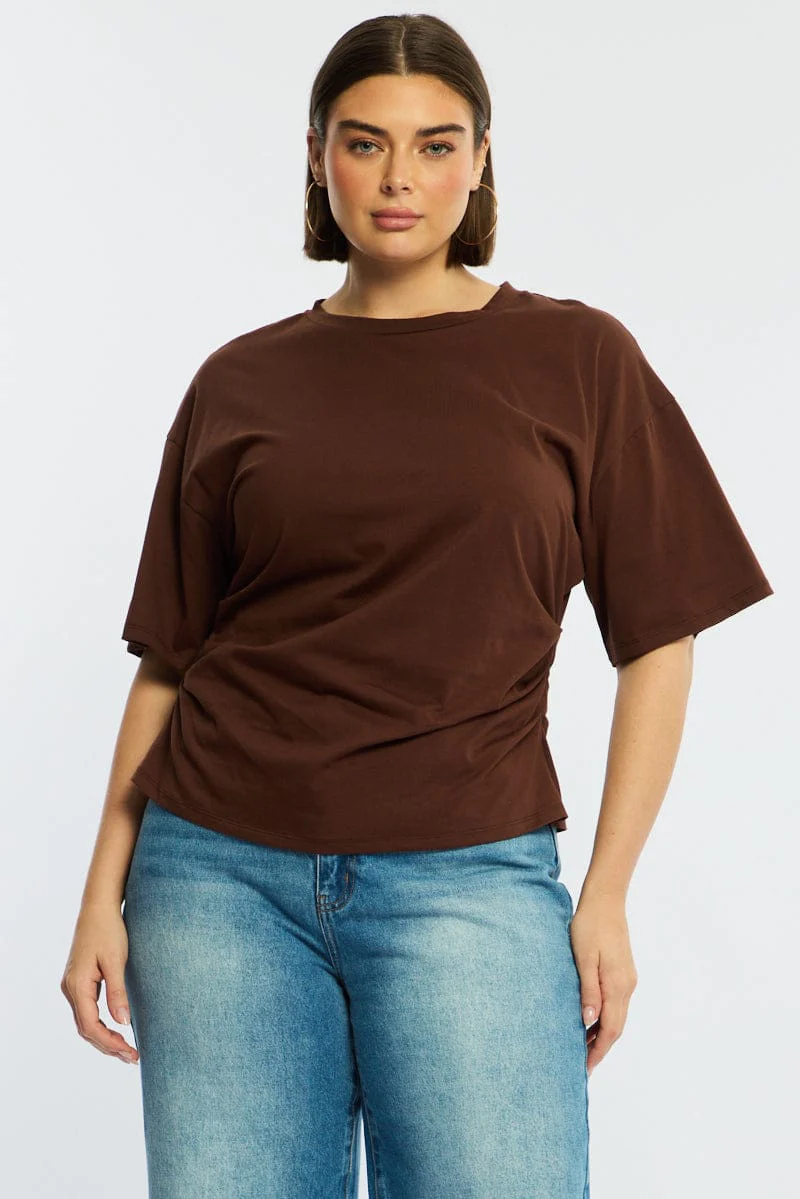 Brown Bat Wing Top Short Sleeve Side Ruched