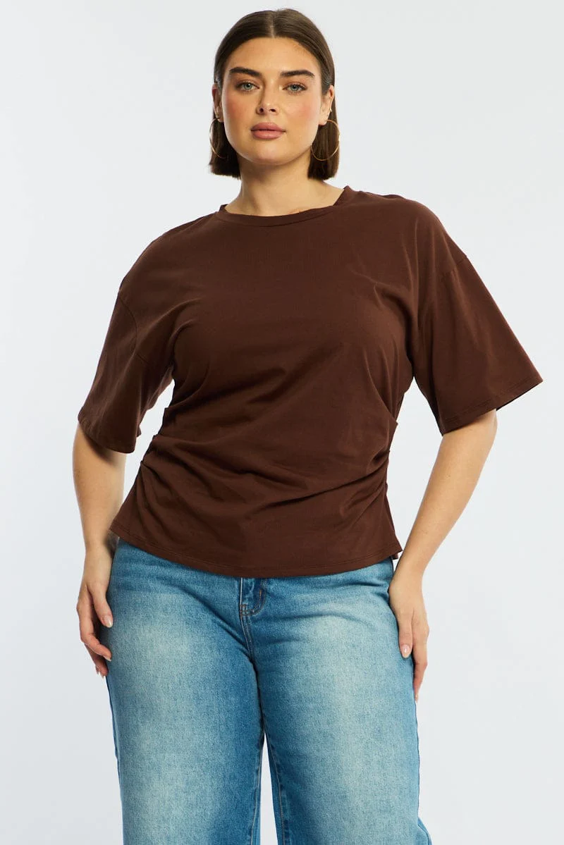 Brown Bat Wing Top Short Sleeve Side Ruched - Image 3