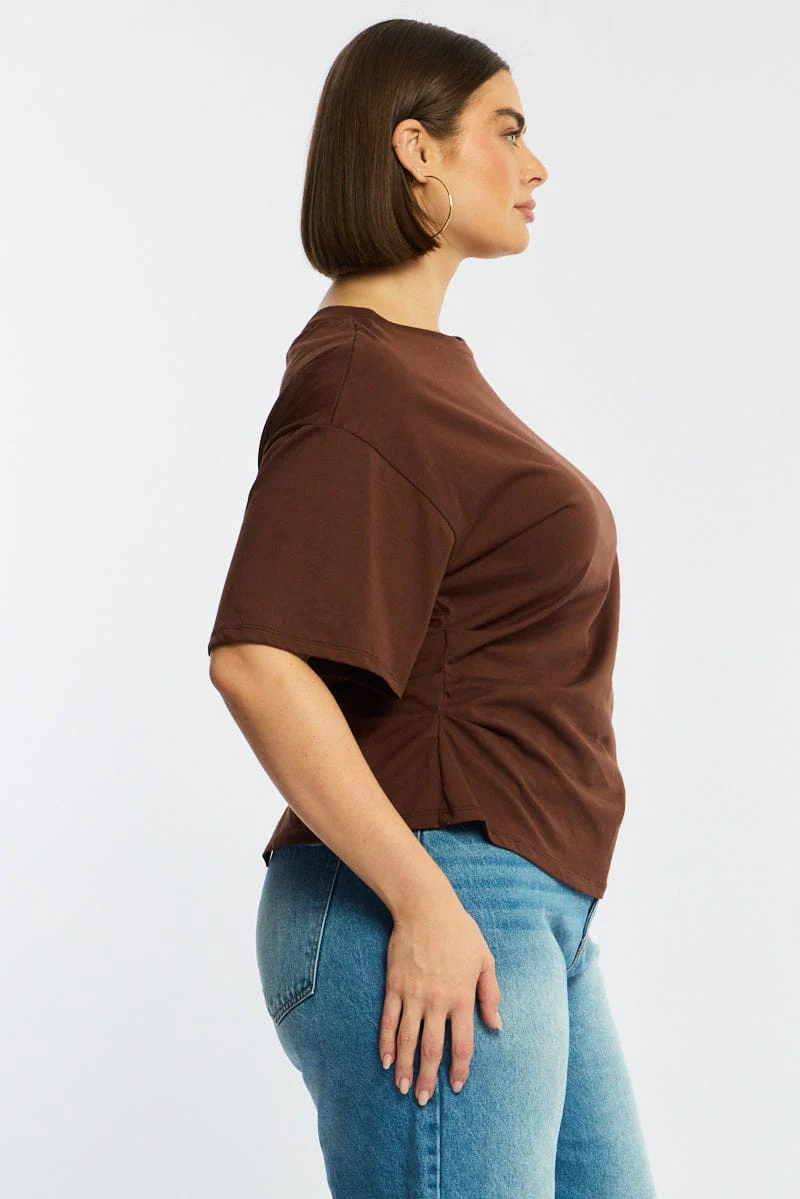 Brown Bat Wing Top Short Sleeve Side Ruched - Image 4