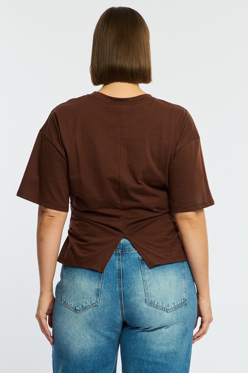 Brown Bat Wing Top Short Sleeve Side Ruched - Image 5