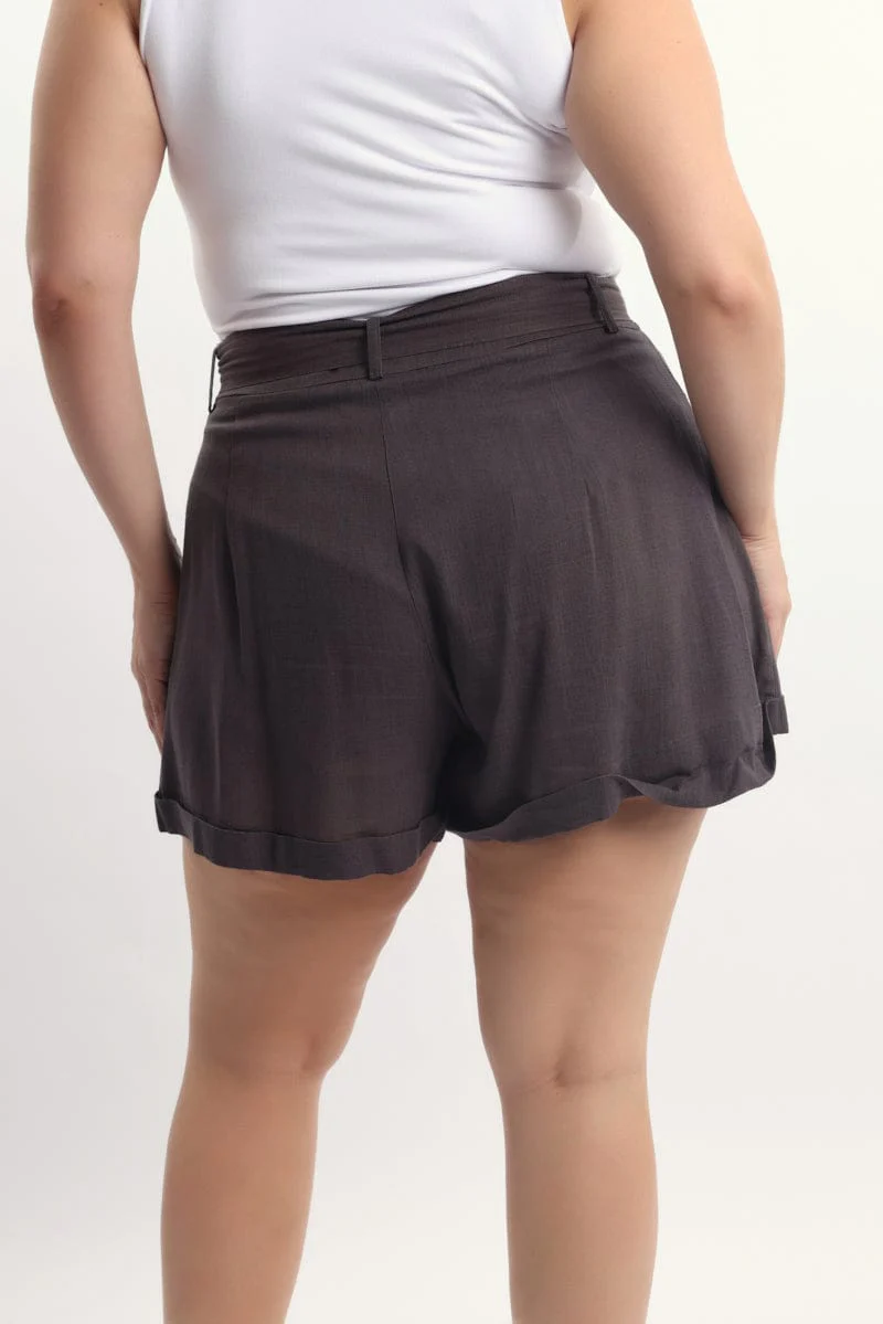 Brown Belted Linen Blend Shorts - Image 4