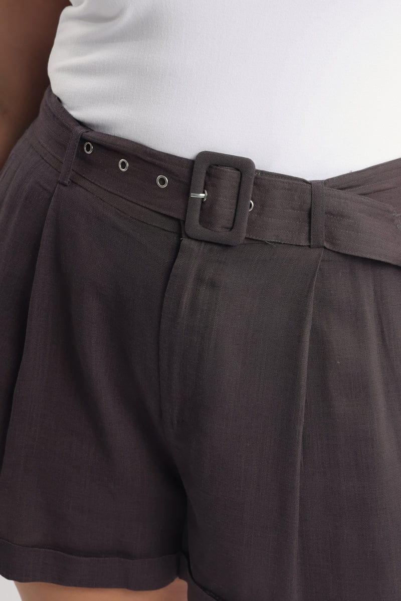 Brown Belted Linen Blend Shorts - Image 5