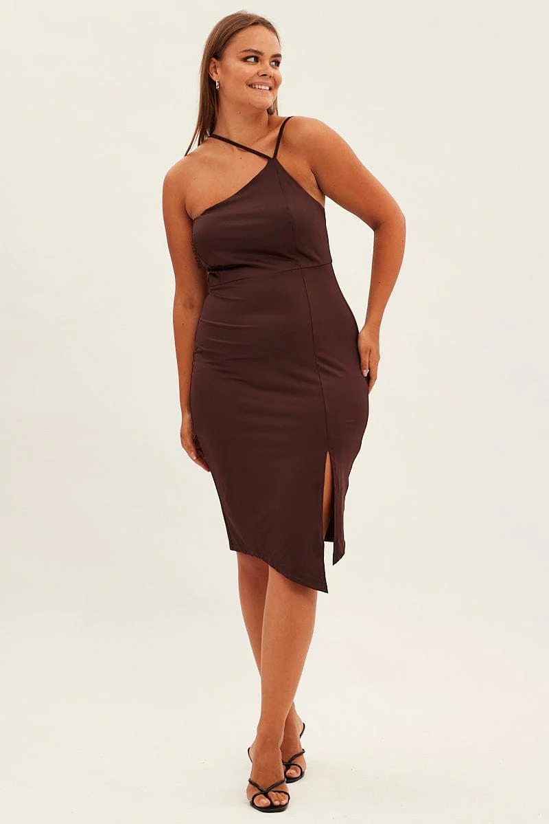 Brown Bodycon Dress One Shoulder Jersey - Image 2