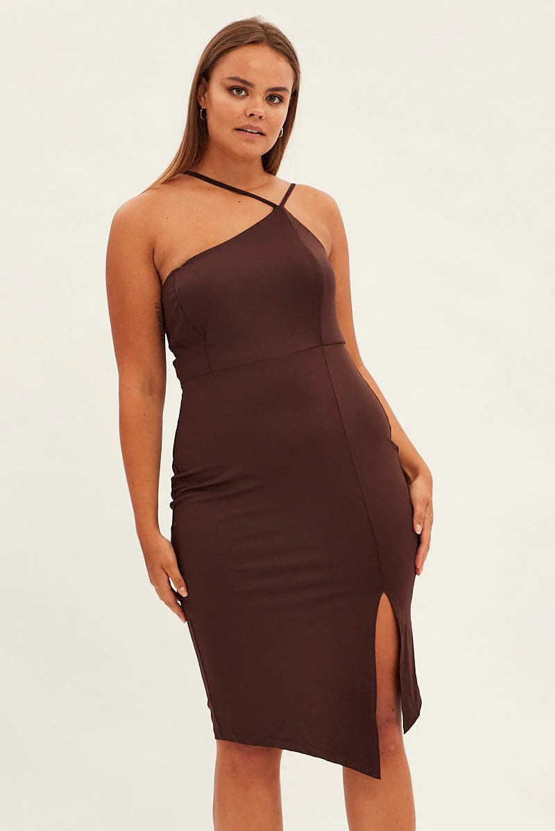 Brown Bodycon Dress One Shoulder Jersey - Image 3