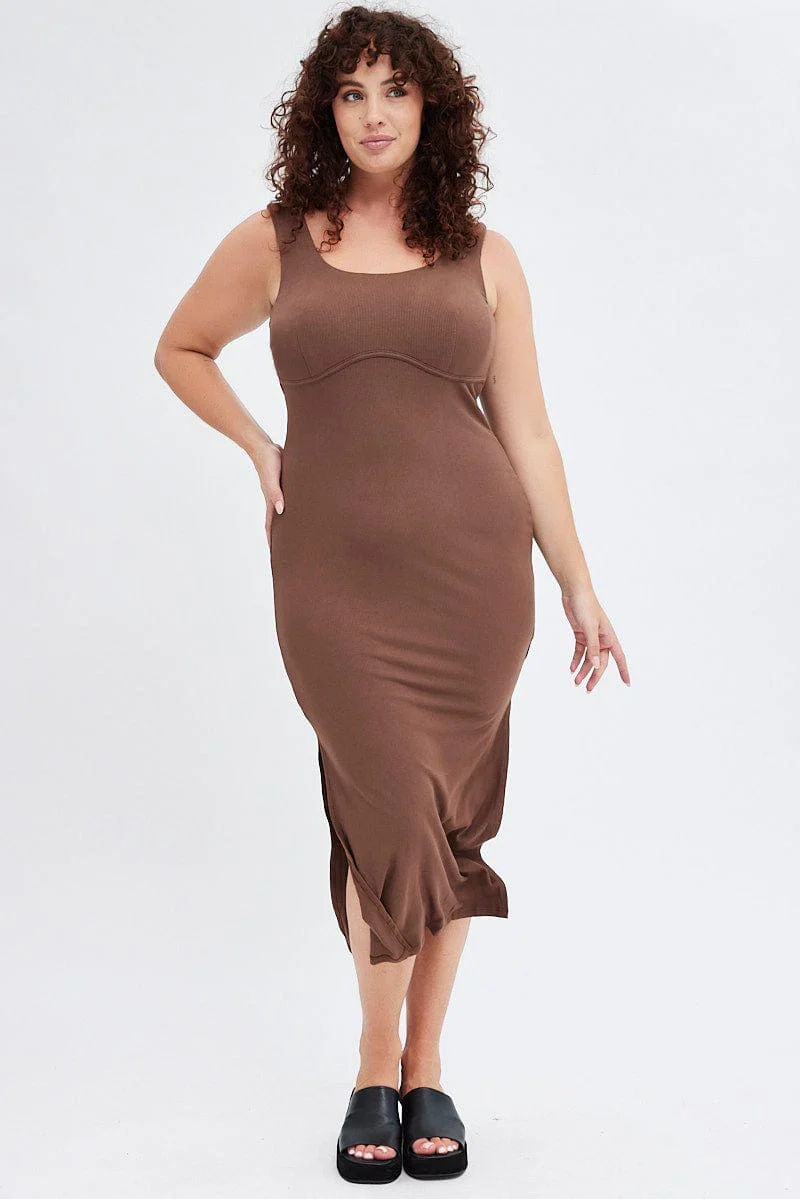 Brown Bodycon Dress Rib Jersey Sleeveless Midi - Image 3