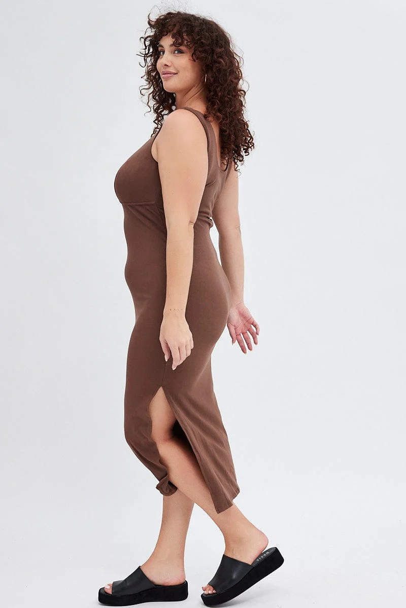 Brown Bodycon Dress Rib Jersey Sleeveless Midi - Image 4