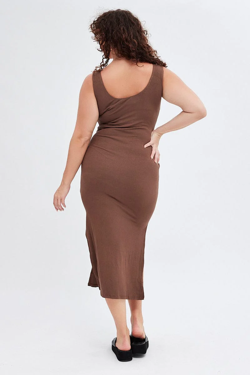 Brown Bodycon Dress Rib Jersey Sleeveless Midi - Image 5
