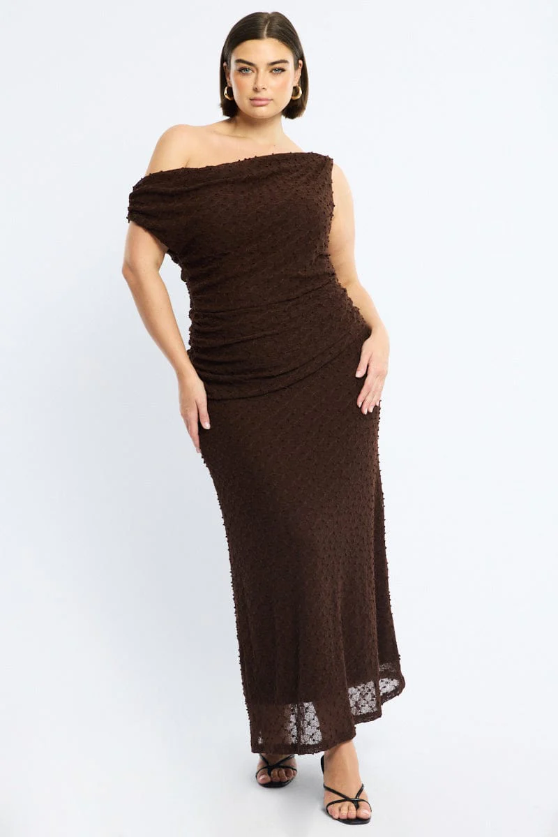 Brown Bodycon Dress Textured Off Shoulder