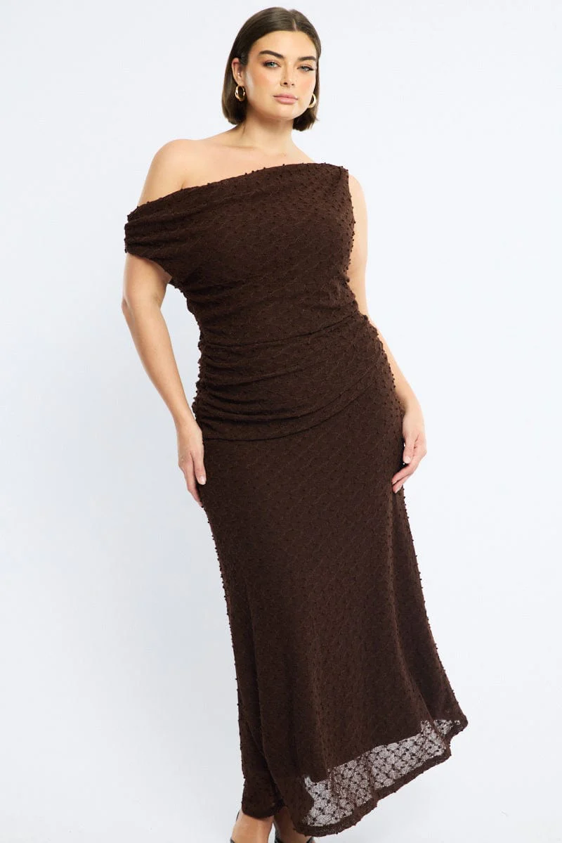 Brown Bodycon Dress Textured Off Shoulder - Image 2
