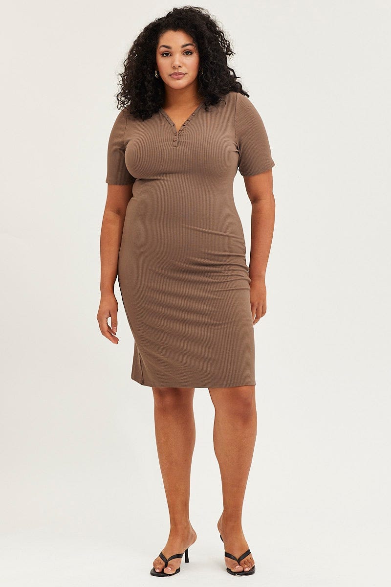 Brown Bodycon Dress V-neck Long Sleeve Rib - Image 2