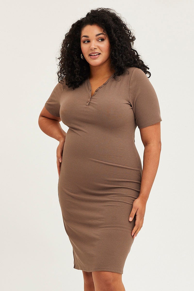 Brown Bodycon Dress V-neck Long Sleeve Rib - Image 3