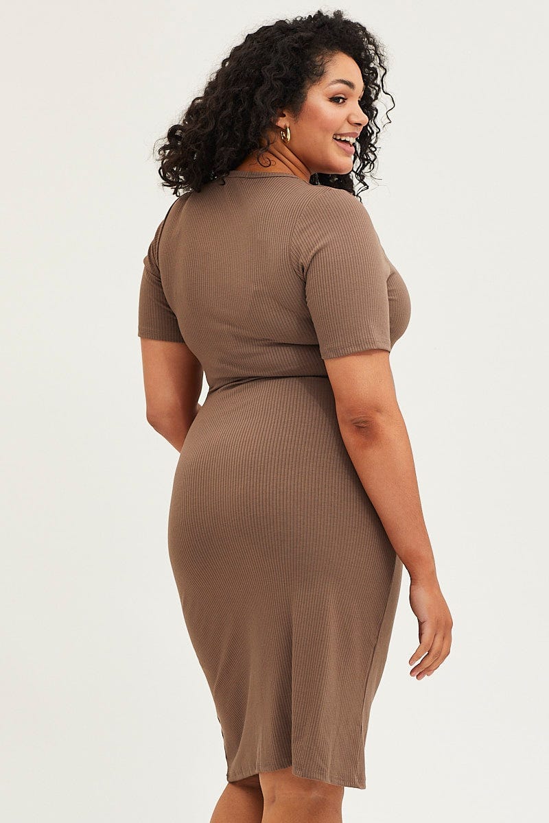 Brown Bodycon Dress V-neck Long Sleeve Rib - Image 5