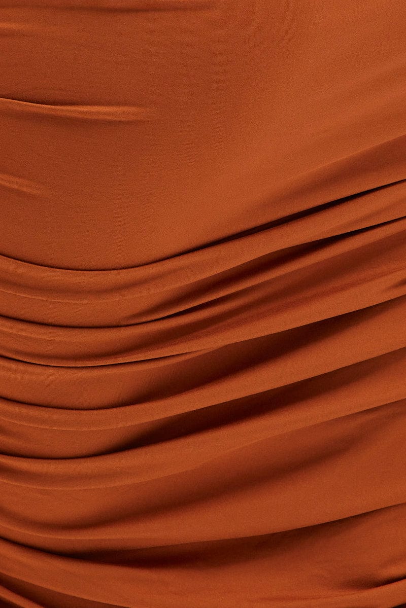 Brown Bodycon Skirt High Waist Ruched Midi Jersey - Image 6