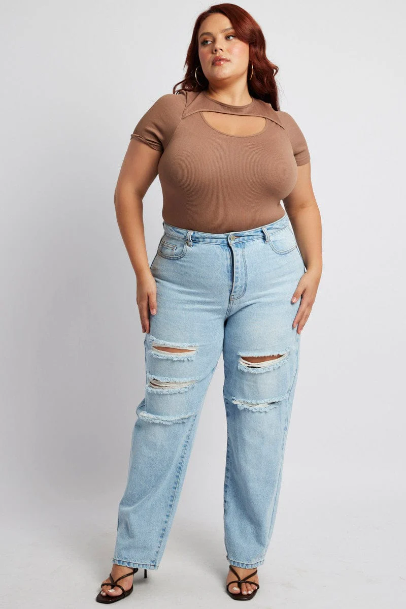 Brown Bodysuit Cut Out Short Sleeve Crew Neck Seamless - Image 2