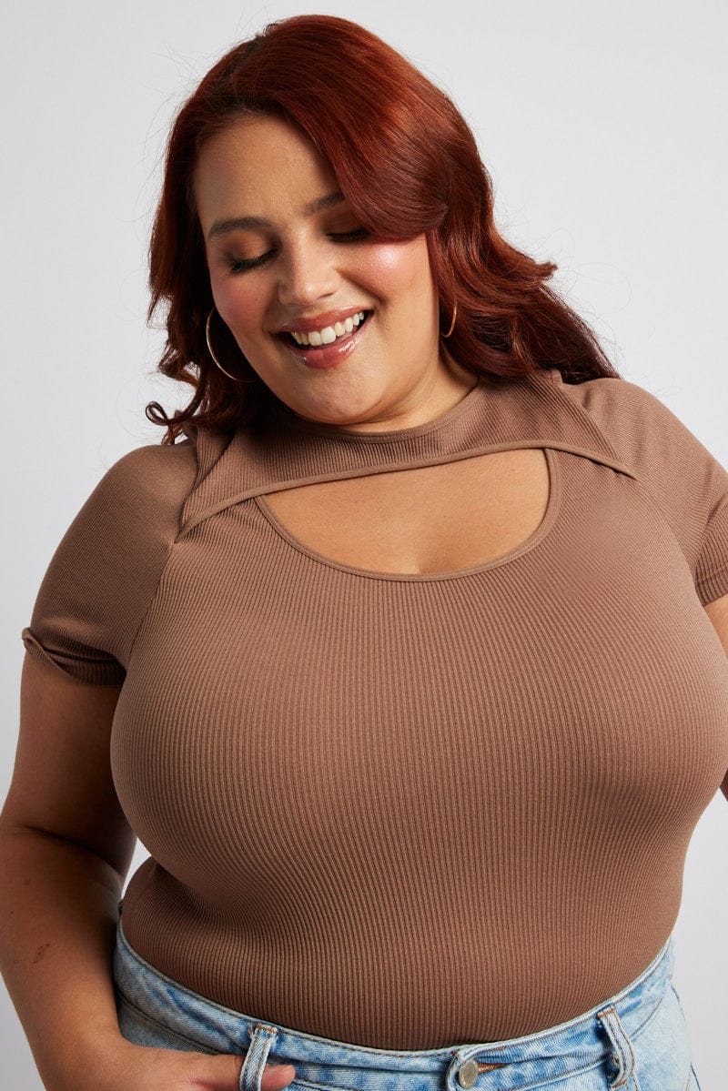 Brown Bodysuit Cut Out Short Sleeve Crew Neck Seamless - Image 3