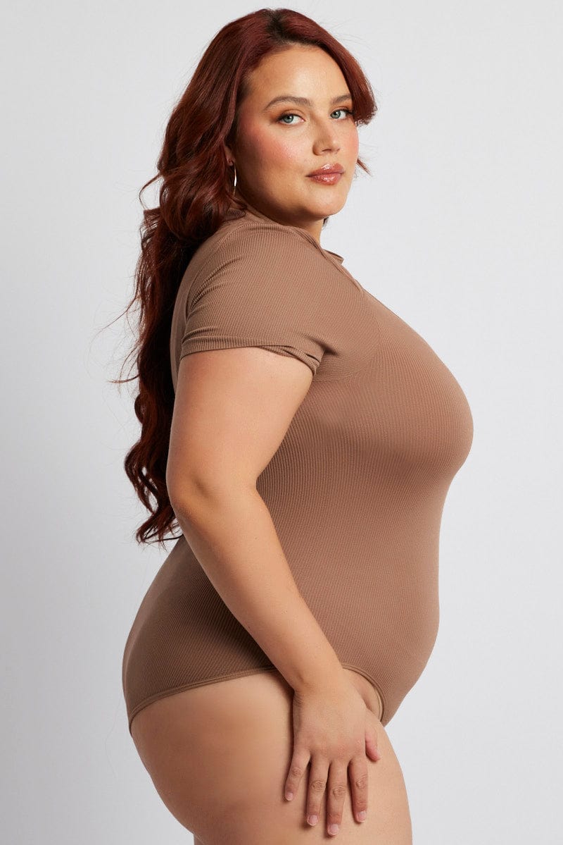 Brown Bodysuit Cut Out Short Sleeve Crew Neck Seamless - Image 4