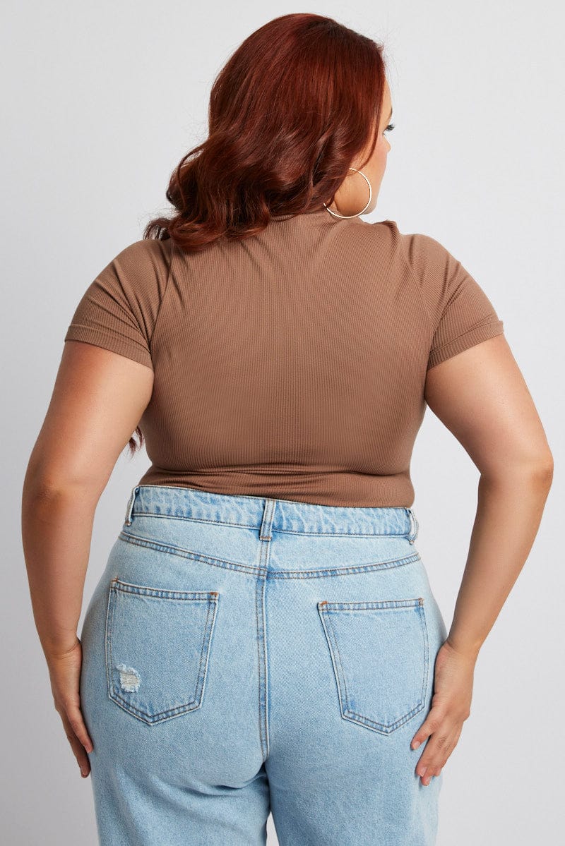Brown Bodysuit Cut Out Short Sleeve Crew Neck Seamless - Image 5