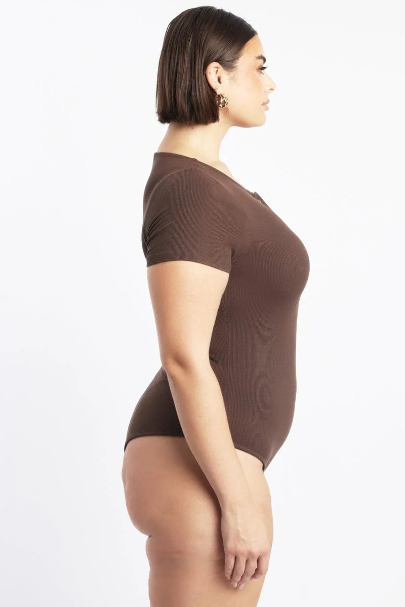 Brown Bodysuit Short Sleeve Button down - Image 4