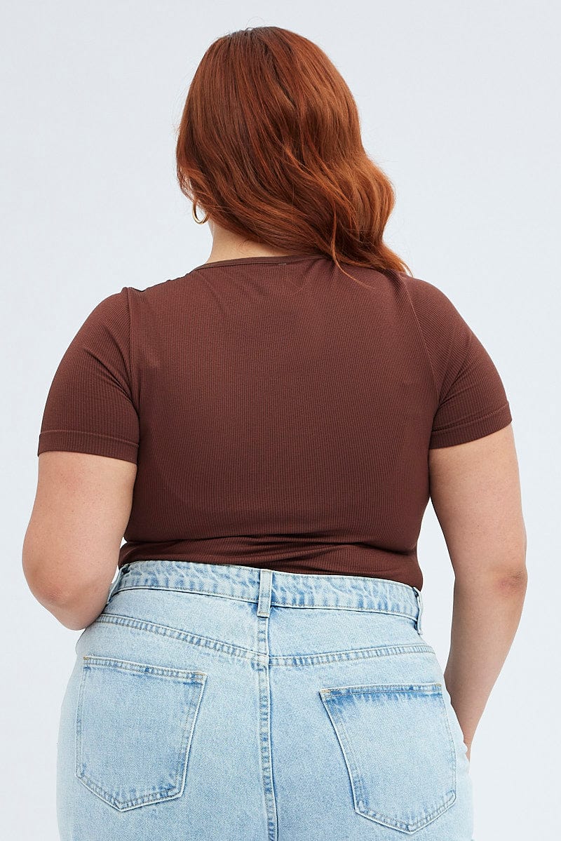 Brown Bodysuit Short Sleeve Crew Neck Seamless - Image 5