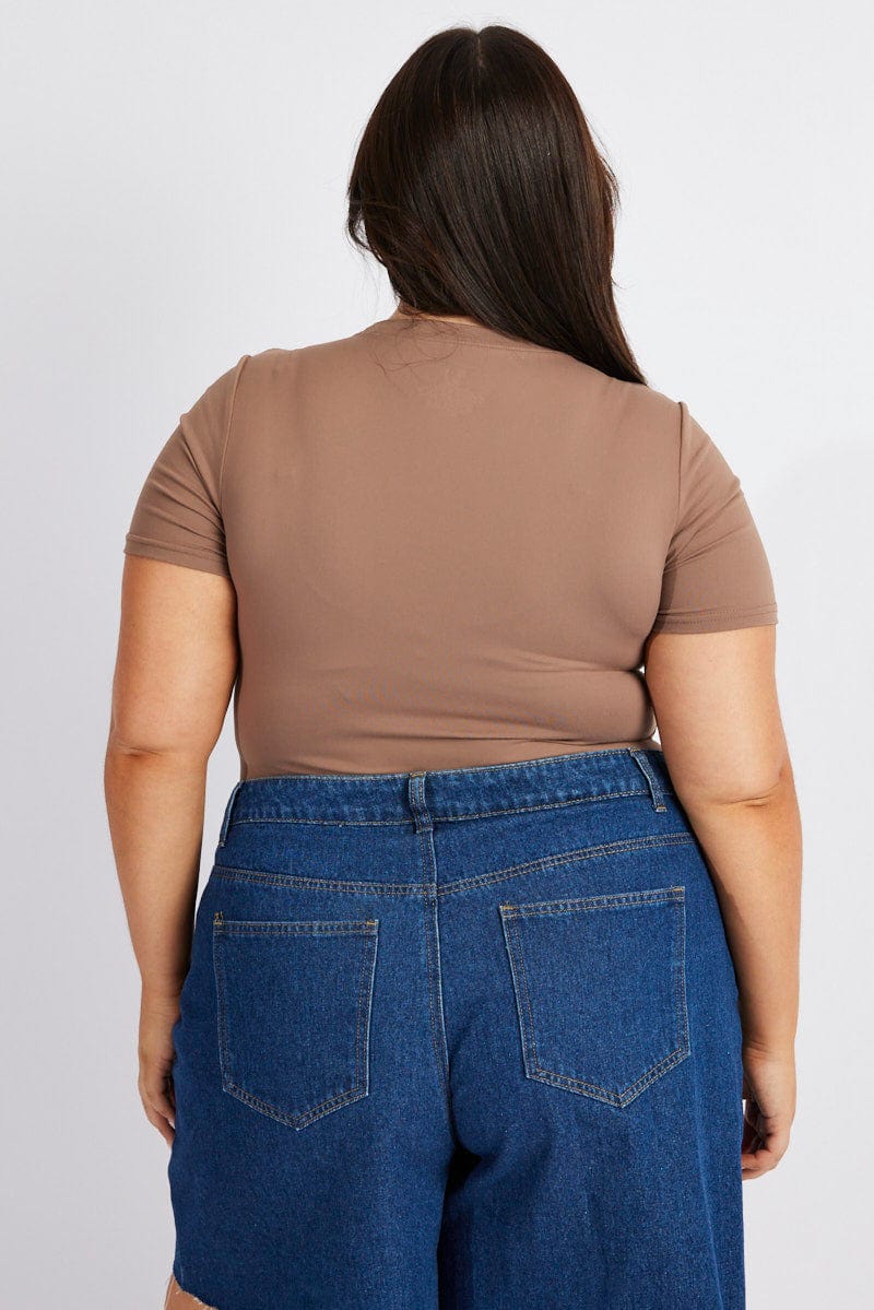 Brown Bodysuit Short Sleeve Crew Neck Supersoft - Image 5
