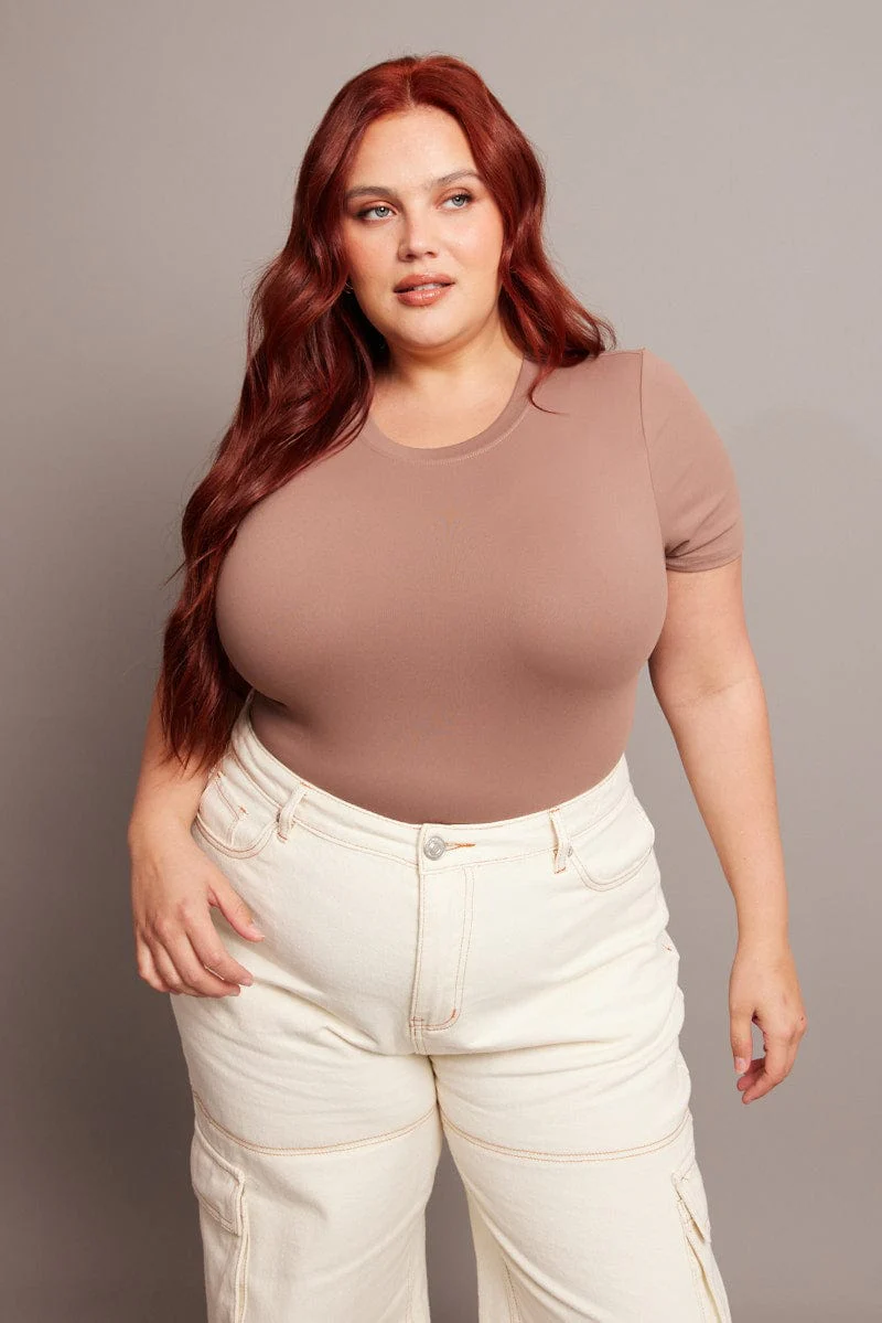 Brown Bodysuit Short Sleeve Crew Neck Supersoft - Image 3