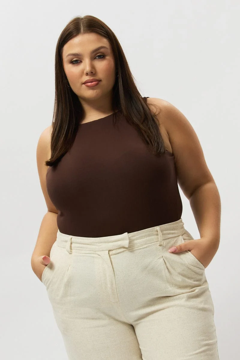 Brown Bodysuit Sleeveless Boat Neck Modal - Image 2