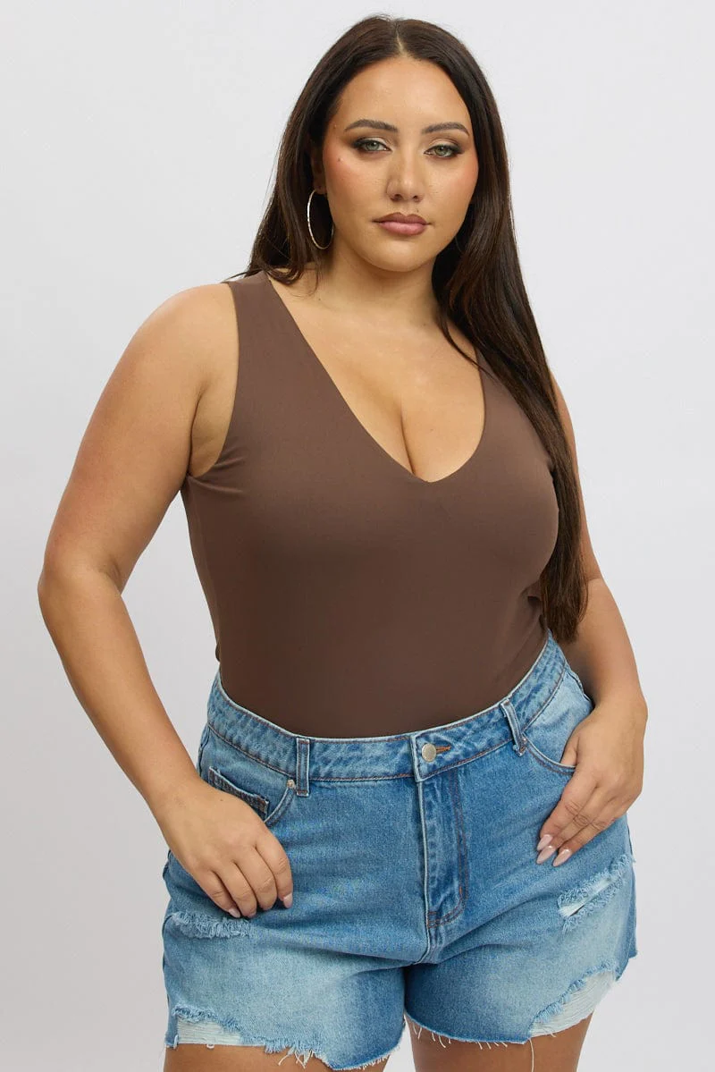 Brown Bodysuit V Neck Supersoft - Image 3