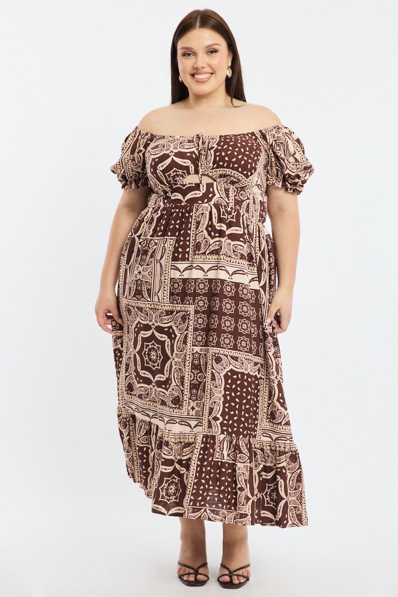 Brown Boho Midi Dress Short Sleeve Cut Out Linen Blend