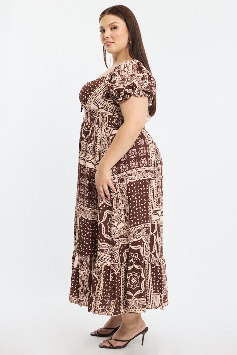 Brown Boho Midi Dress Short Sleeve Cut Out Linen Blend - Image 3